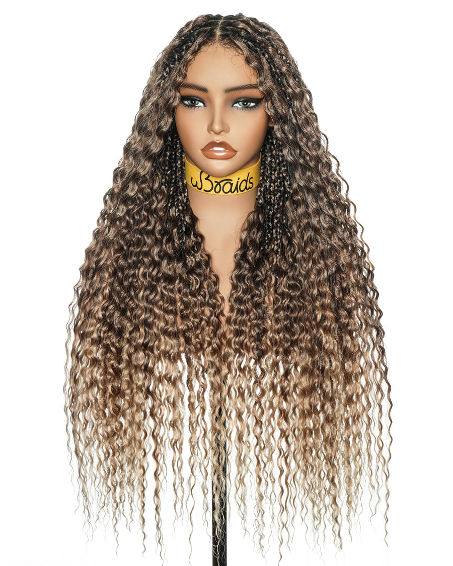 28" Blend Brown Deep Wave Knotless Boho Box Braided Wig