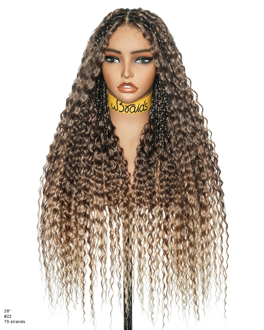 28" Blend Brown Deep Wave Knotless Boho Box Braided Wig