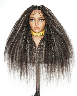28" Kinky Straight Full Lace Swiss HD Lace Glueless Blend Human Hair Boho Braided Wig
