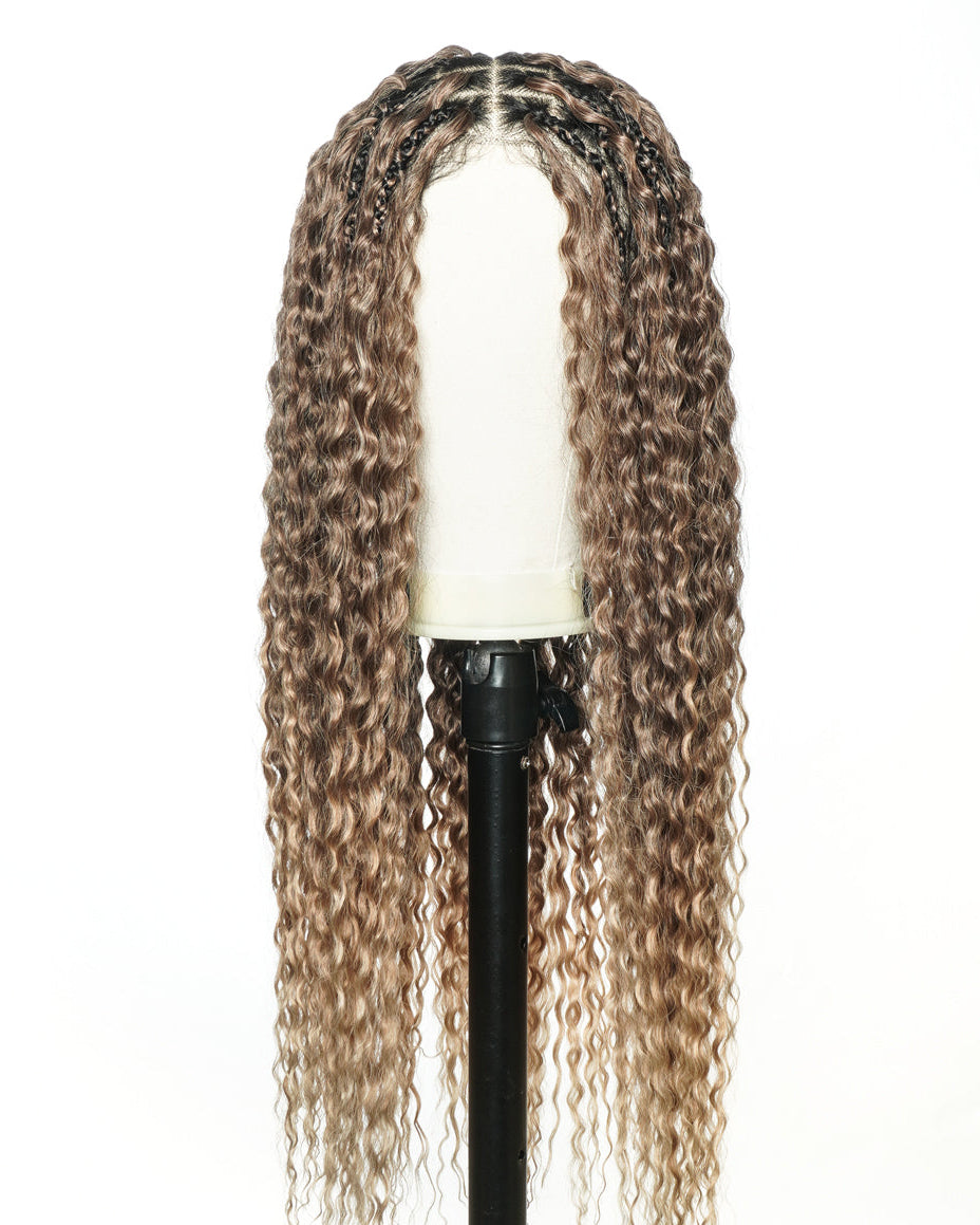 28" Blend Brown Deep Wave Knotless Boho Box Braided Wig