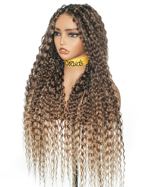 28" Blend Brown Deep Wave Knotless Boho Box Braided Wig
