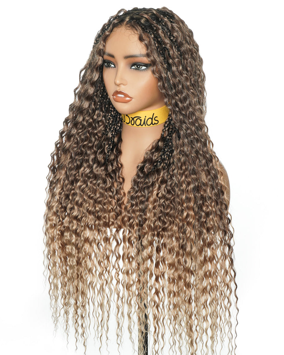 28" Blend Brown Deep Wave Knotless Boho Box Braided Wig