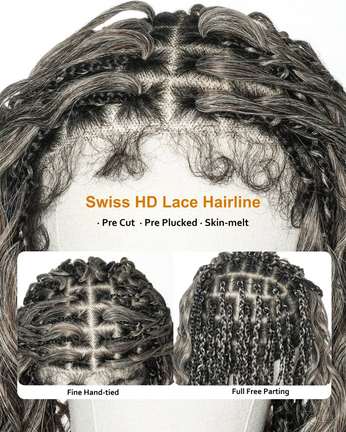 Advertisement for Swiss HD Lace Hairline with close-up details on hair texture and styling.
