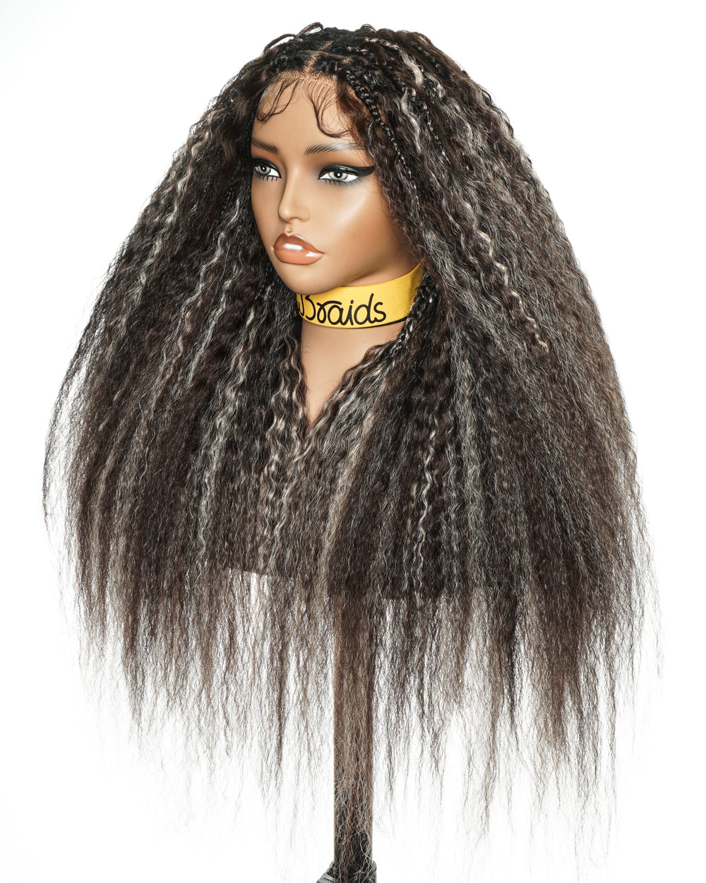 28" Kinky Straight Full Lace Swiss HD Lace Glueless Blend Human Hair Boho Braided Wig