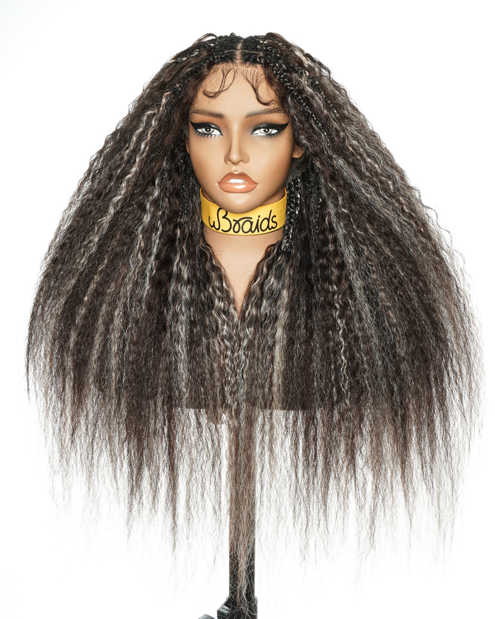 28" Kinky Straight Full Lace Swiss HD Lace Glueless Blend Human Hair Boho Braided Wig